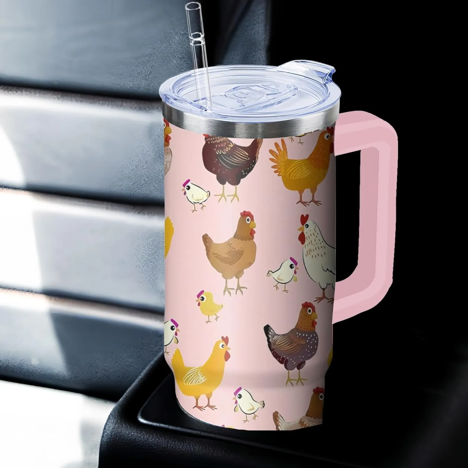 30 oz Chicken Tumbler with Handle and Straw, Hen Insulated Stainless Steel Cup with Lid, Travel Coffee Mug Water Bottle, Gifts for Woman Animal Lovers