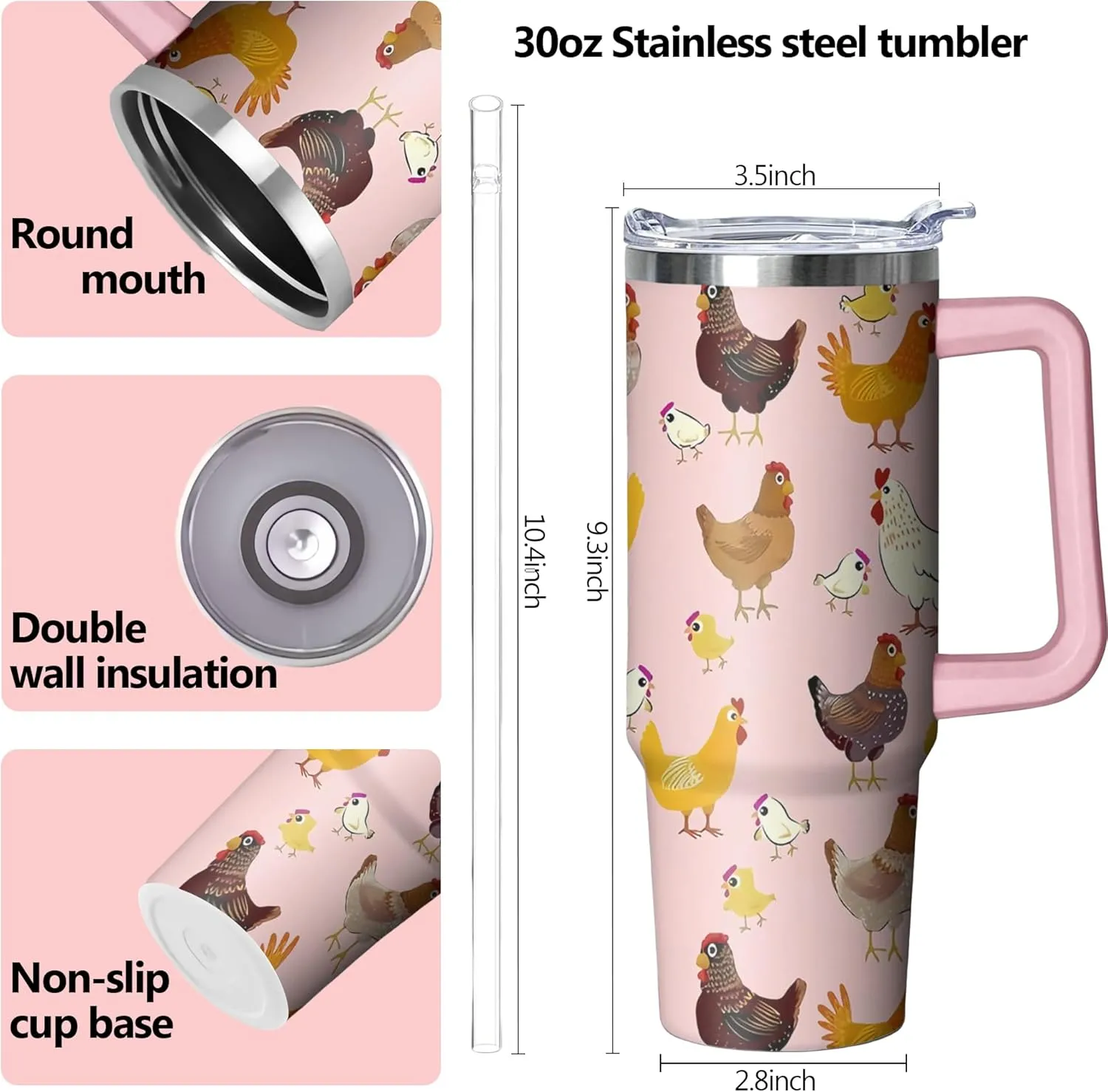 30 oz Chicken Tumbler with Handle and Straw, Hen Insulated Stainless Steel Cup with Lid, Travel Coffee Mug Water Bottle, Gifts for Woman Animal Lovers