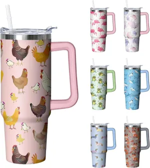 30 oz Chicken Tumbler with Handle and Straw, Hen Insulated Stainless Steel Cup with Lid, Travel Coffee Mug Water Bottle, Gifts for Woman Animal Lovers