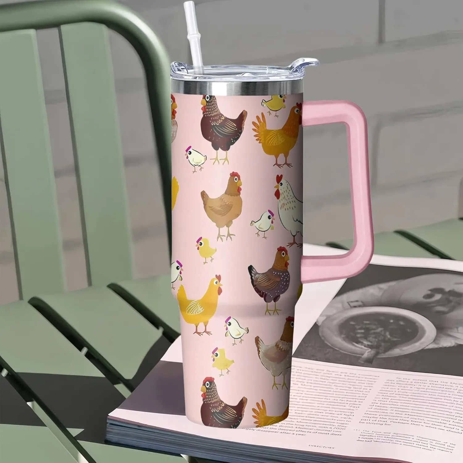 30 oz Chicken Tumbler with Handle and Straw, Hen Insulated Stainless Steel Cup with Lid, Travel Coffee Mug Water Bottle, Gifts for Woman Animal Lovers
