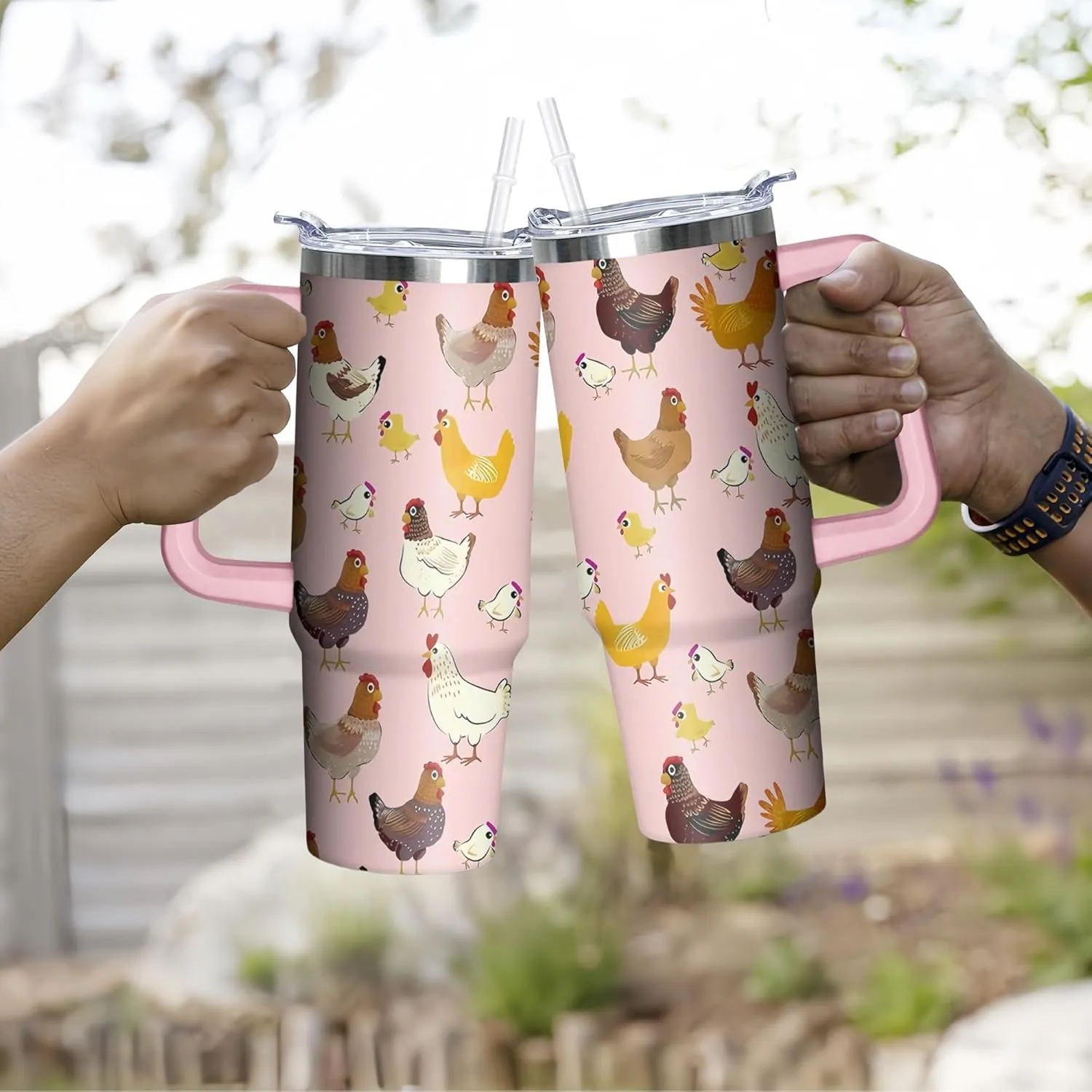 30 oz Chicken Tumbler with Handle and Straw, Hen Insulated Stainless Steel Cup with Lid, Travel Coffee Mug Water Bottle, Gifts for Woman Animal Lovers