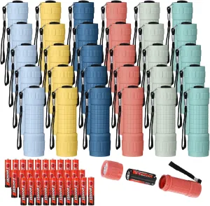 30 Pack 9-LED Small Mini Flashlight Set Plastic Handheld Flashlights with Lanyard, 3 AAA Batteries Included for Kids Night Reading Party Camping Emergency Hunting, 6 Color