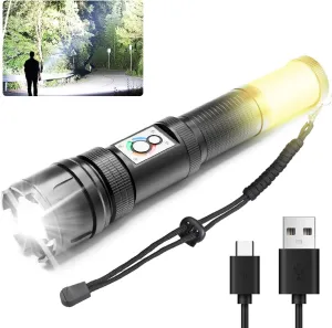 3000LM Super Bright LED Flashlight with COB Light, Rechargeable Handheld Flashlight, Multiple Modes, IP65 Waterproof, USB-C Charging, Perfect for Camping Hiking Emergencies Home Use