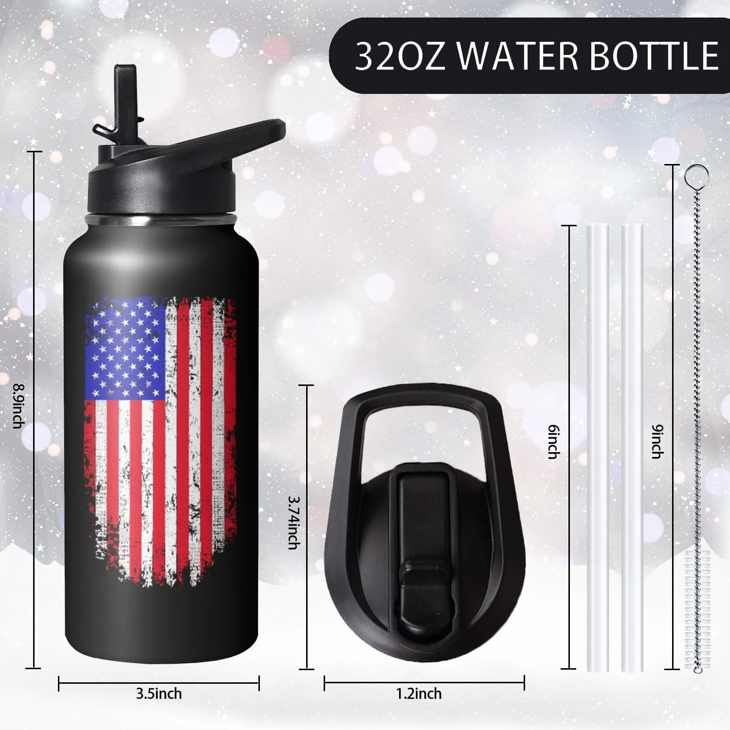 32oz American Flag Stainless Insulated Aater Water Bottle with Straw, American Flag Gym Hiking Sports Coffee Mug Cup Water Bottles,Patriotic Military Gifts For Veterans, Police