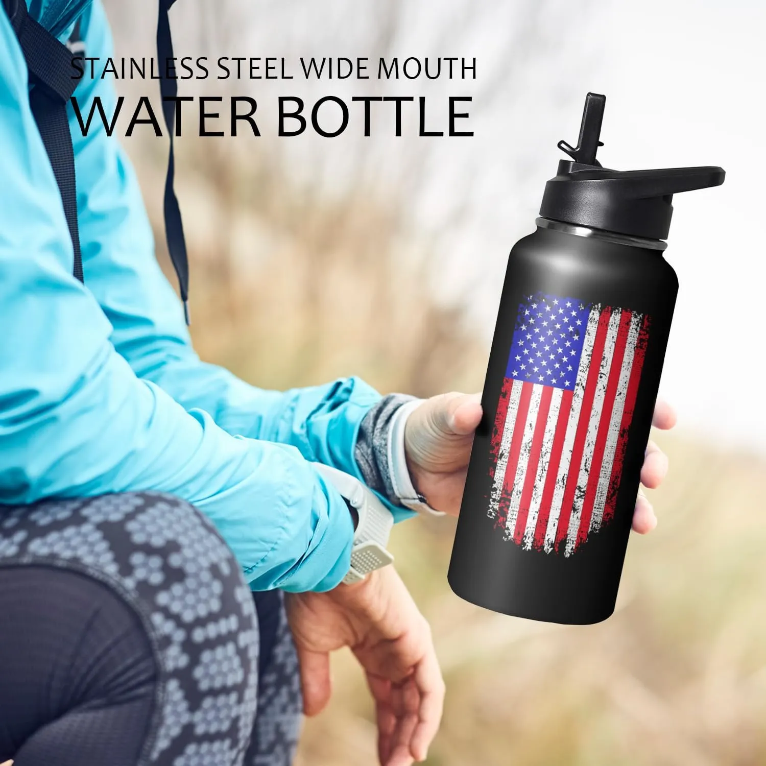 32oz American Flag Stainless Insulated Aater Water Bottle with Straw, American Flag Gym Hiking Sports Coffee Mug Cup Water Bottles,Patriotic Military Gifts For Veterans, Police