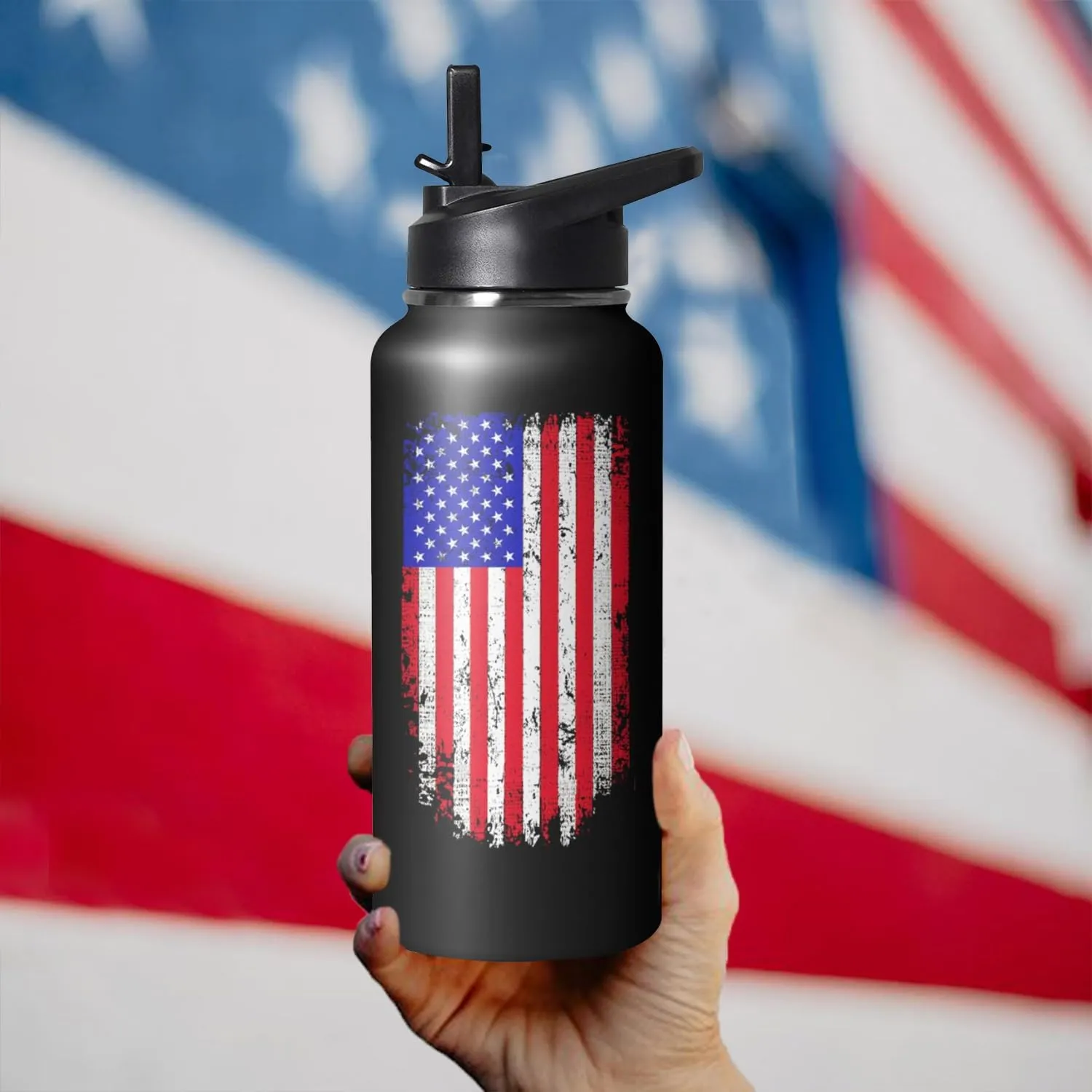 32oz American Flag Stainless Insulated Aater Water Bottle with Straw, American Flag Gym Hiking Sports Coffee Mug Cup Water Bottles,Patriotic Military Gifts For Veterans, Police