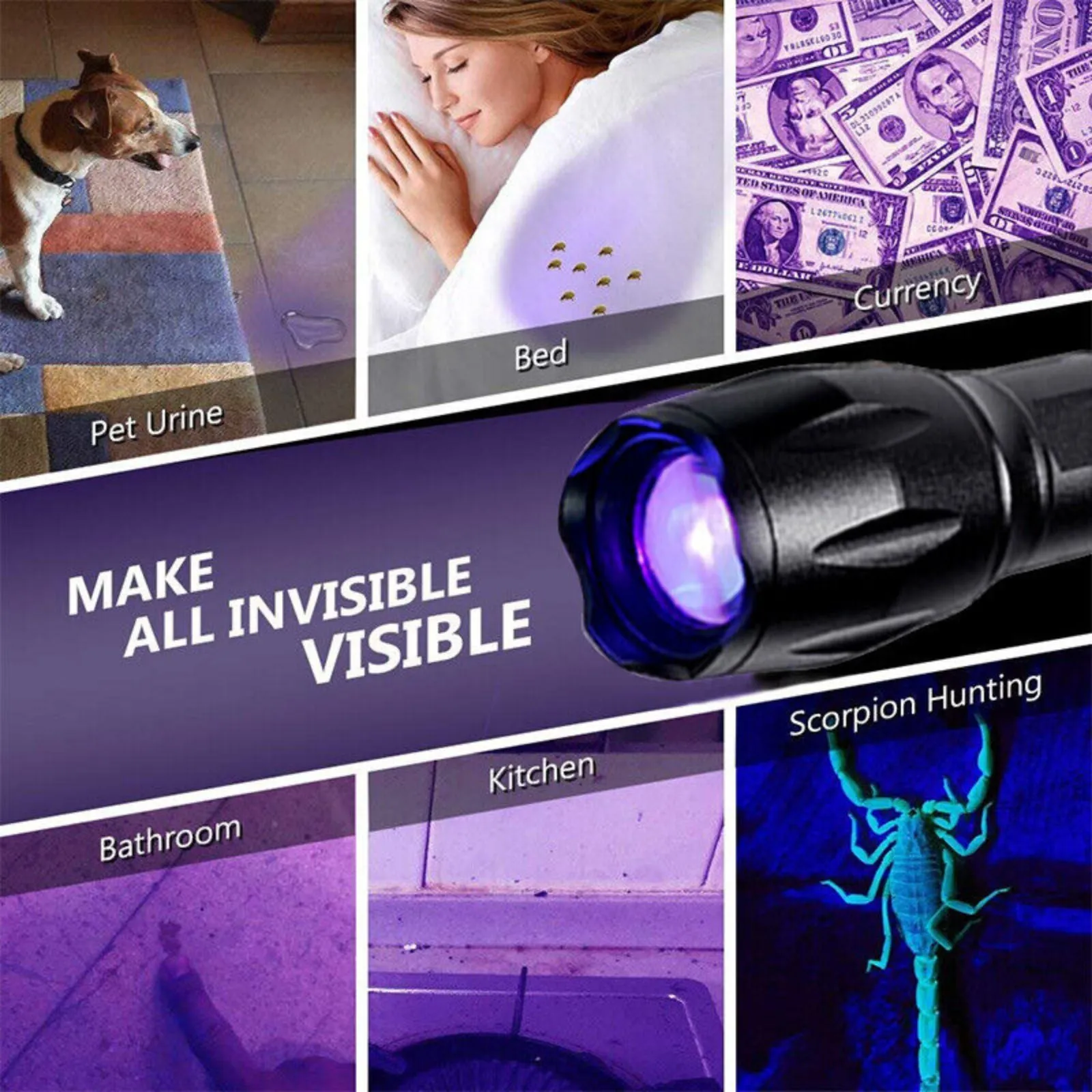 395nm Inspection Zoom Torch 2 Mode Flashlight Backlight UV Ultra Violet Light