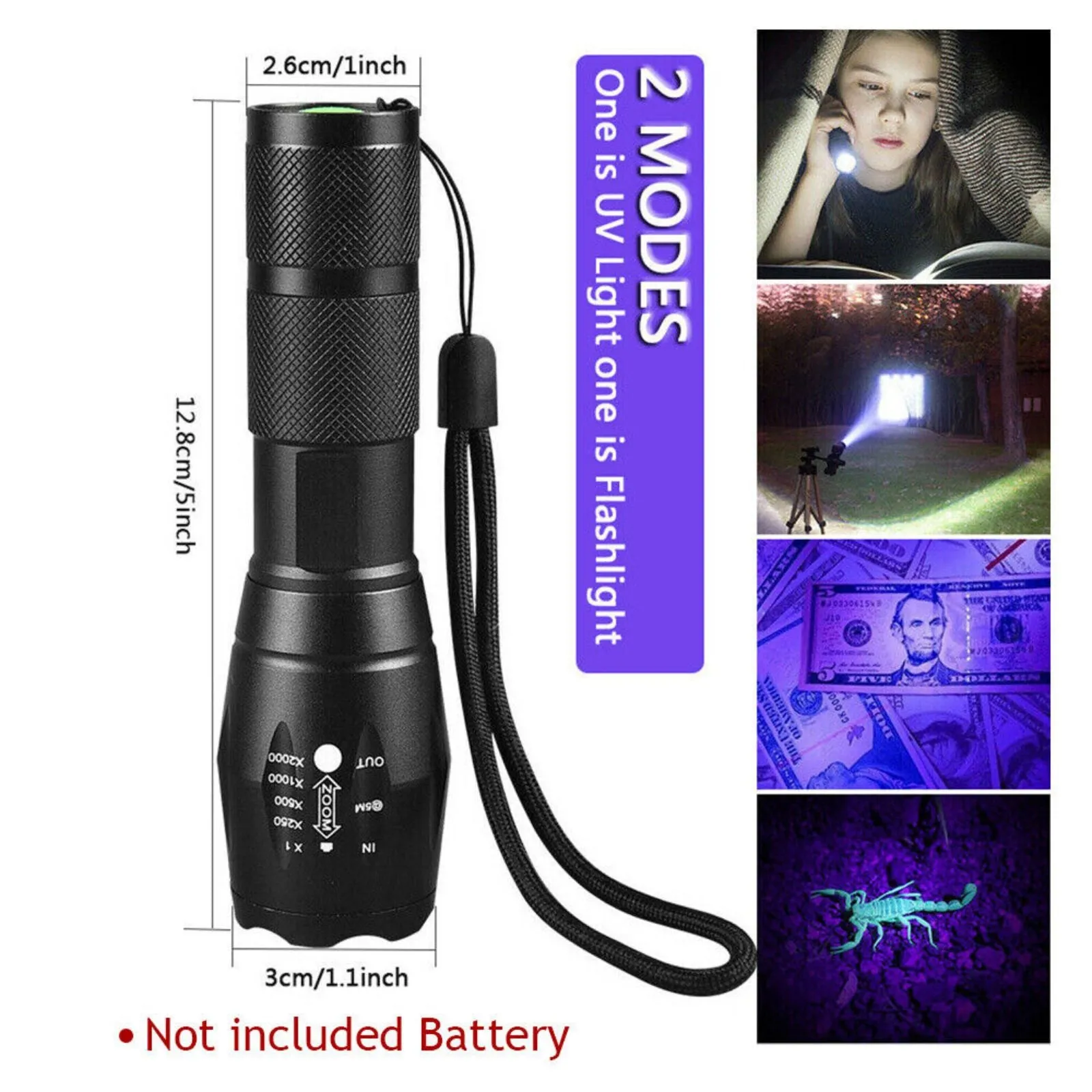 395nm Inspection Zoom Torch 2 Mode Flashlight Backlight UV Ultra Violet Light