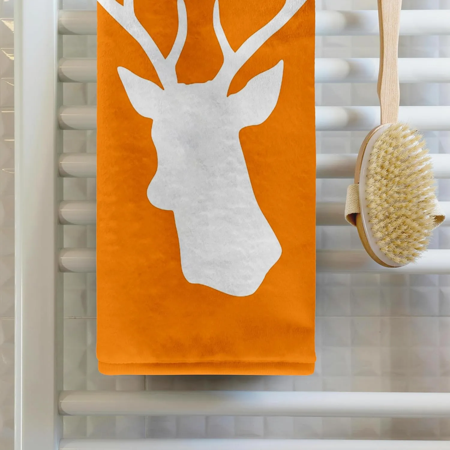 3dRose 22x30 Bath Hand Pool Towel - White Stag Head Silhouette on Orange - Country Deer with Antlers Deer Designs