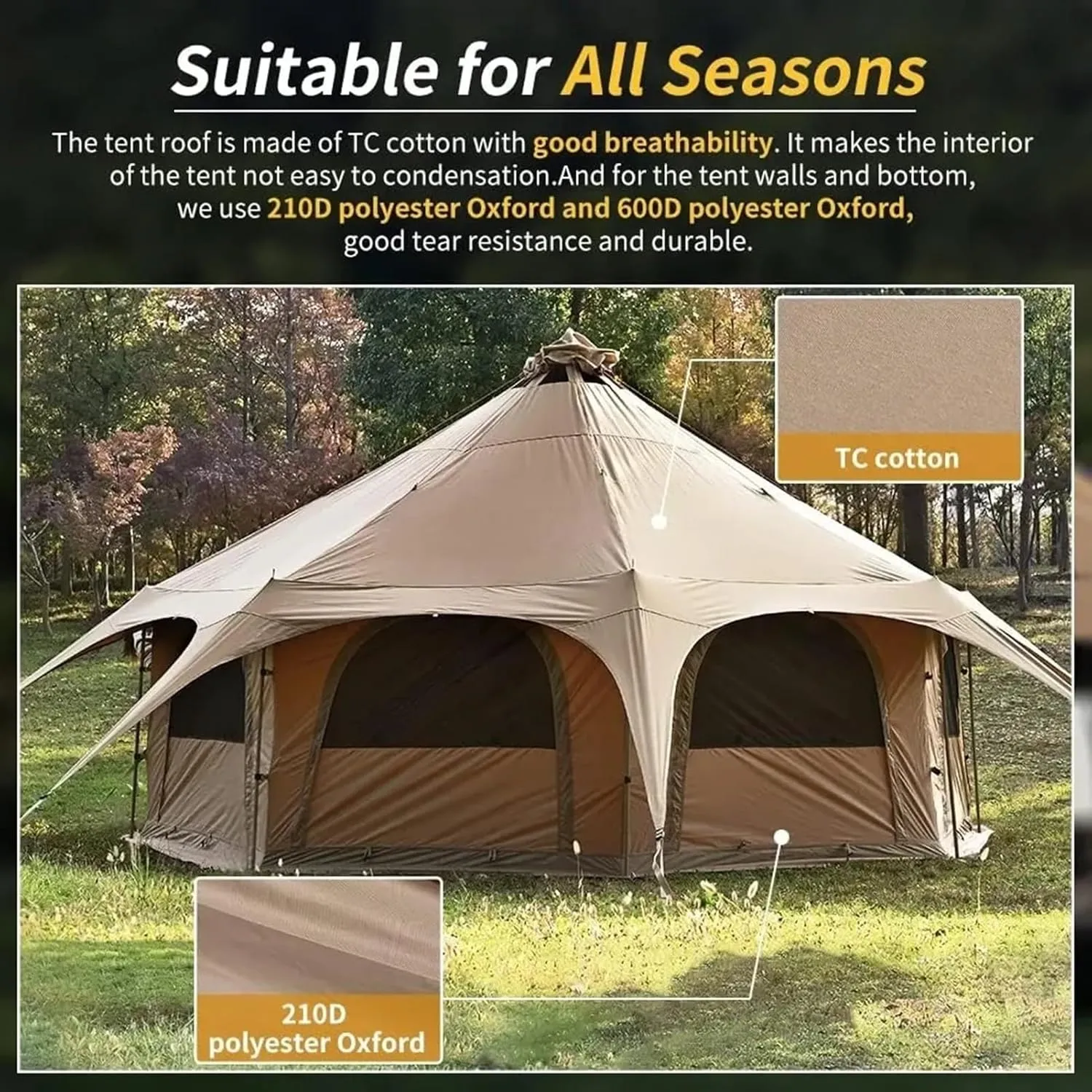 4-12 Person Camping Tent 3-6m Waterproof Cotton Canvas Bell Tent Outdoor 4 Seasons Family Party Picnic Yurt Tent W/Stove Hole
