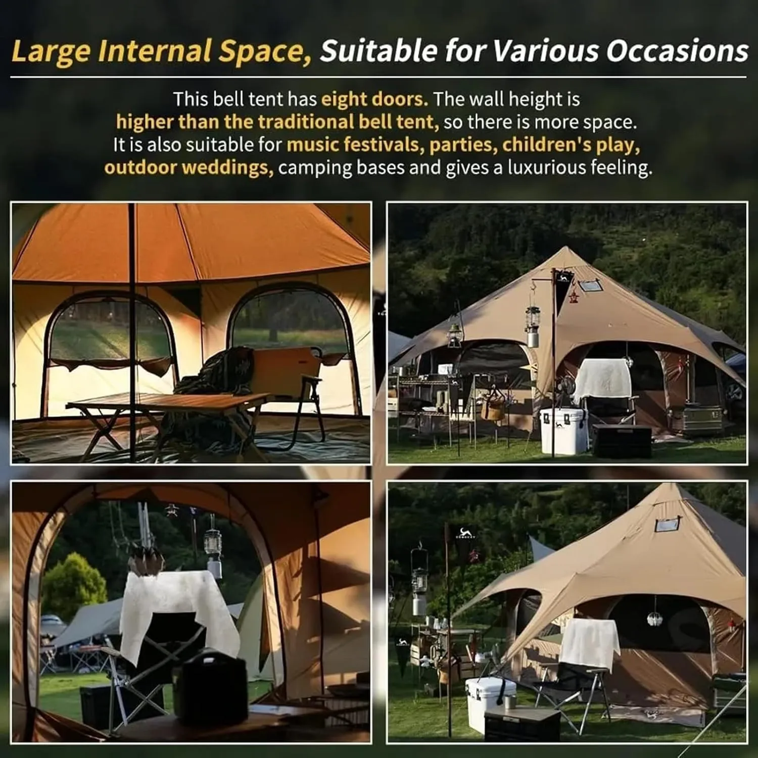 4-12 Person Camping Tent 3-6m Waterproof Cotton Canvas Bell Tent Outdoor 4 Seasons Family Party Picnic Yurt Tent W/Stove Hole