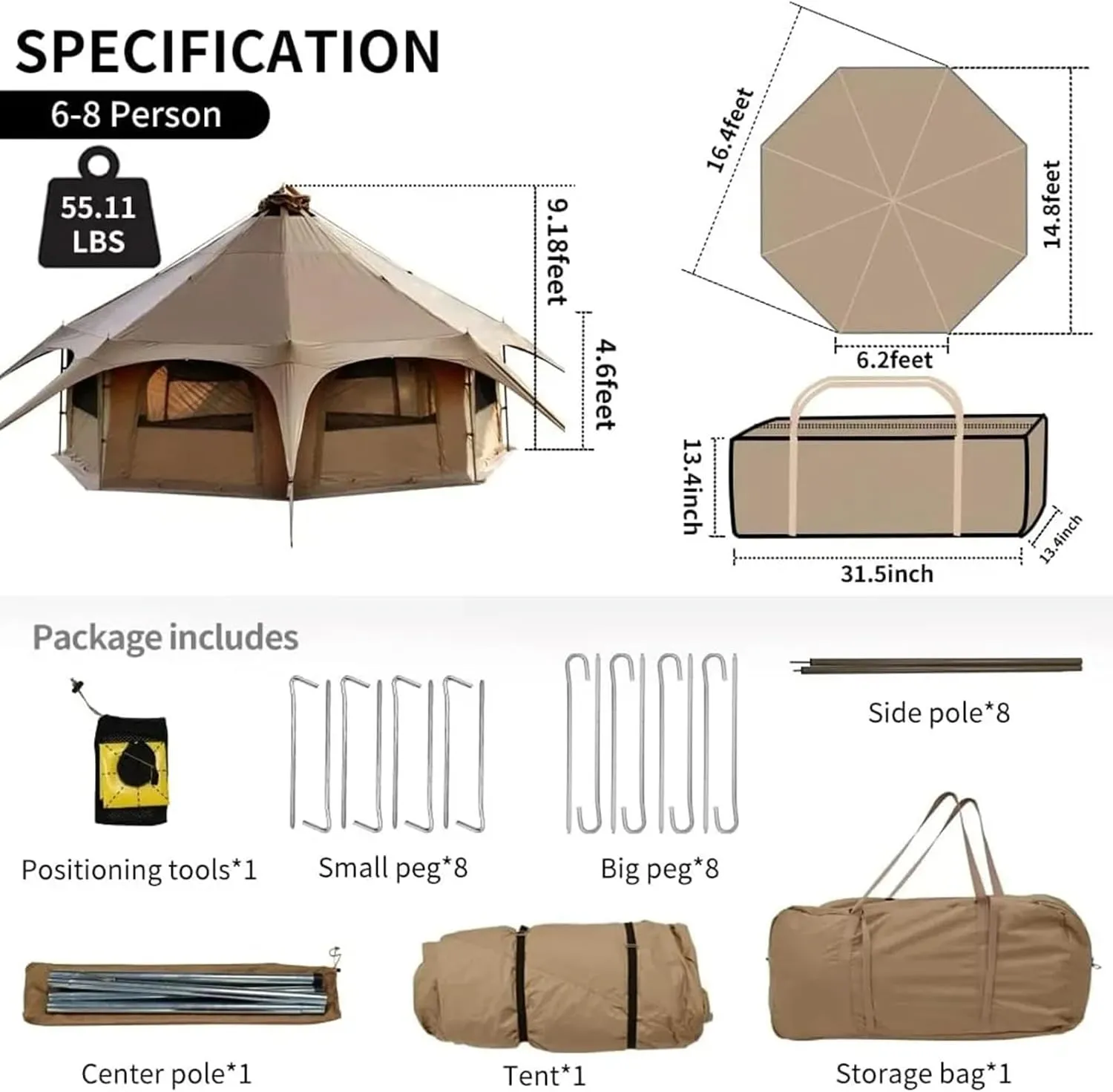 4-12 Person Camping Tent 3-6m Waterproof Cotton Canvas Bell Tent Outdoor 4 Seasons Family Party Picnic Yurt Tent W/Stove Hole