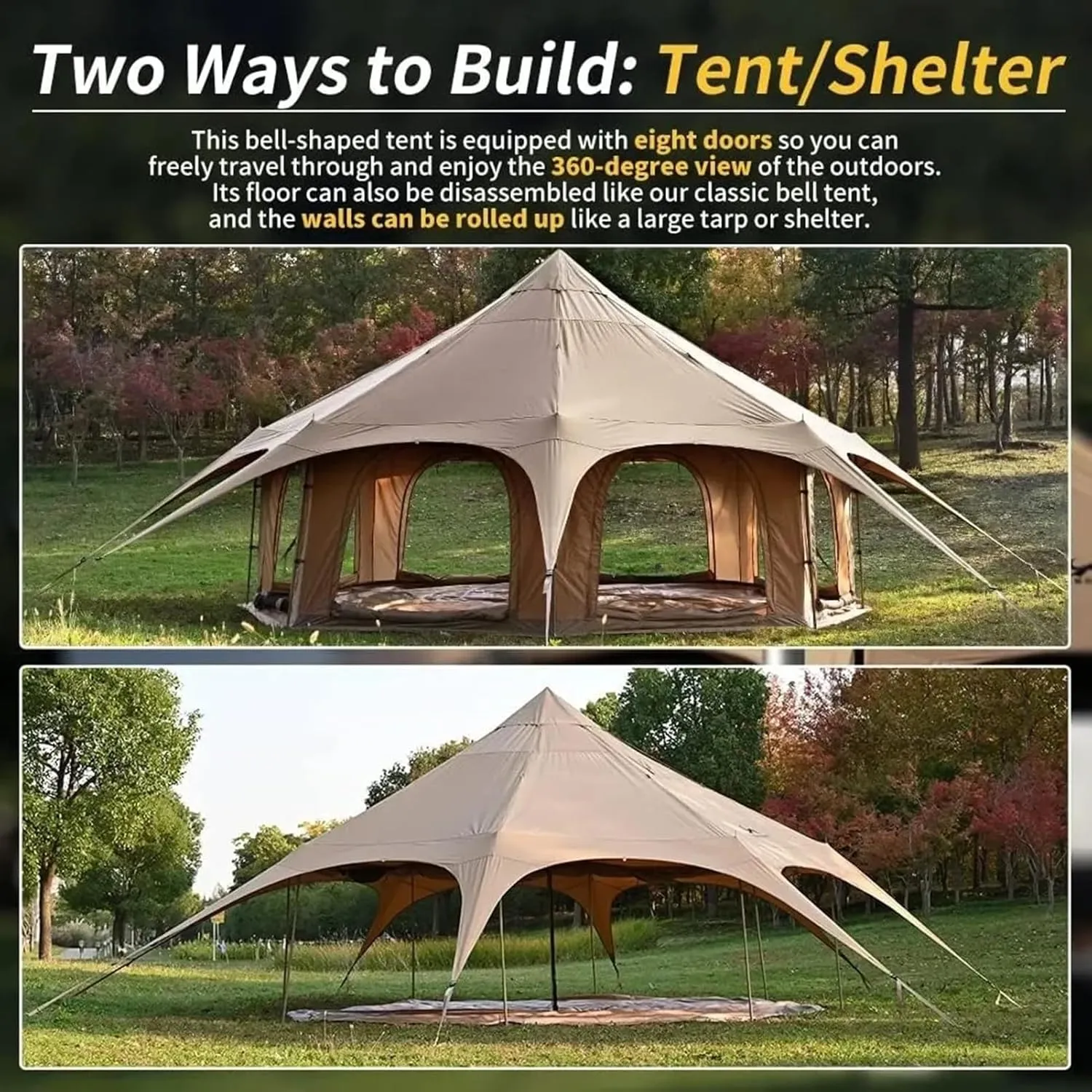 4-12 Person Camping Tent 3-6m Waterproof Cotton Canvas Bell Tent Outdoor 4 Seasons Family Party Picnic Yurt Tent W/Stove Hole