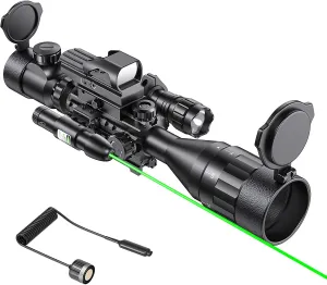 4-16x50AO Rifle Scope Red/Green Illuminated Reflex with Green Laser Sight 4 Holographic Reticle Red Dot for Rail Mount - 5 Brightness Modes Flashlight