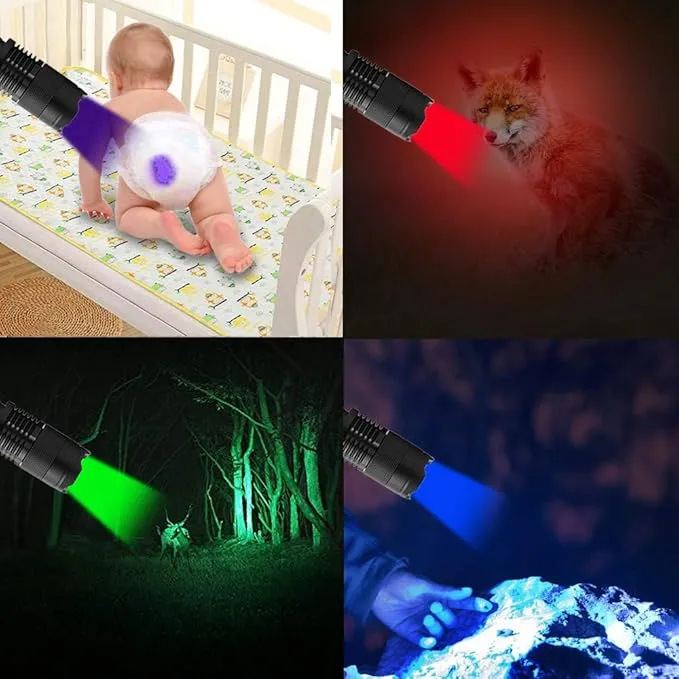 4 Colors Flashlights Including Red Green Blue Black Light Flashlight, 3 Mode Zoomable Led Hunting Torch, 4 Pack
