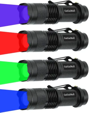 4 Colors Flashlights Including Red Green Blue Black Light Flashlight, 3 Mode Zoomable Led Hunting Torch, 4 Pack