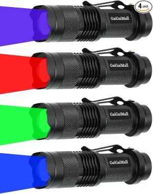 4 Colors Flashlights Including Red Green Blue Black Light Flashlight, 3 Mode Zoomable Led Hunting Torch, 4 Pack