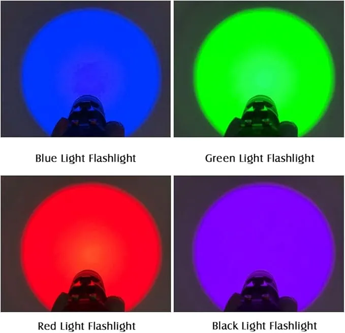 4 Colors Flashlights Including Red Green Blue Black Light Flashlight, 3 Mode Zoomable Led Hunting Torch, 4 Pack