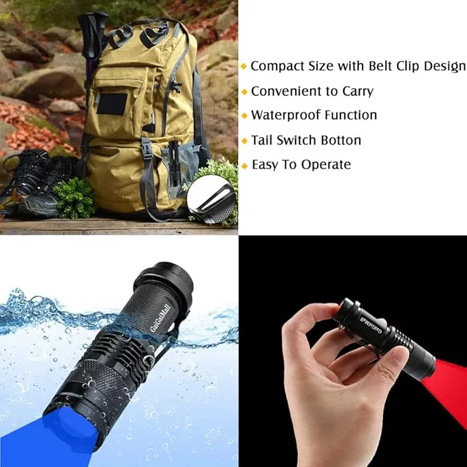 4 Colors Flashlights Including Red Green Blue Black Light Flashlight, 3 Mode Zoomable Led Hunting Torch, 4 Pack