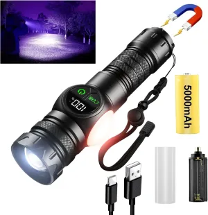 4 in 1 Rechargeable 6500K / 395nm UV Flashlight Dimming Stepless True 5000 Lumens IP45 Zoomable Beam UV Light, 5000mAh Zoomable Beam LED Flash Light with Magnet Power Failure