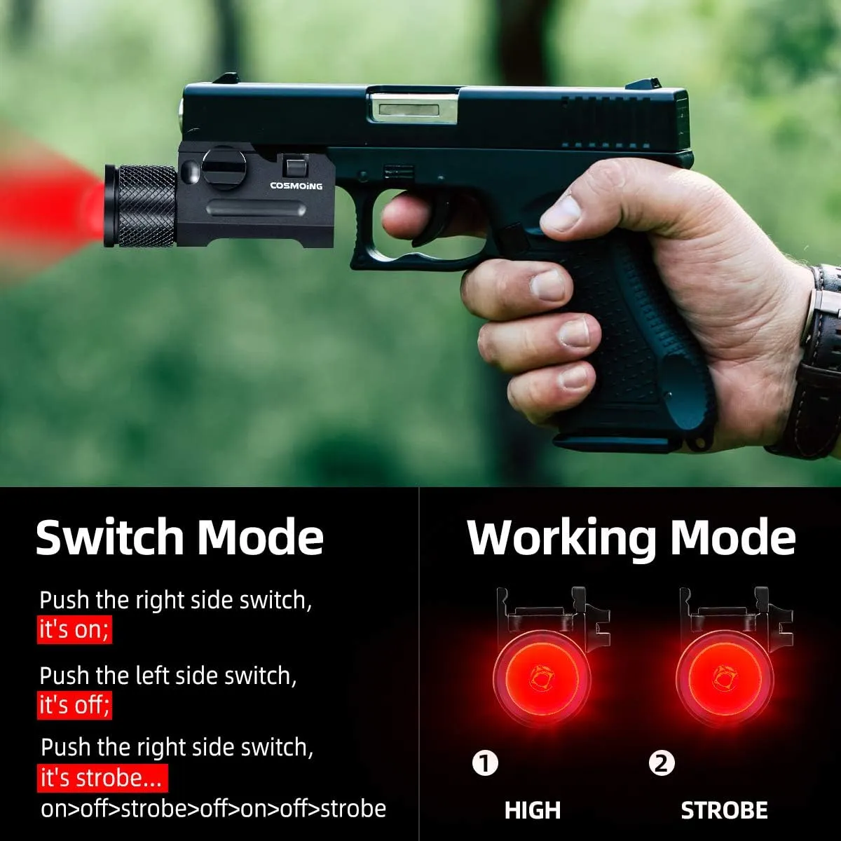 400 Yards Gun Flashlight Red/Green/White LED Tactical Rail Mounted with Quick Release, Fits Glock Taurus Ruger Springfield H&K S&W
