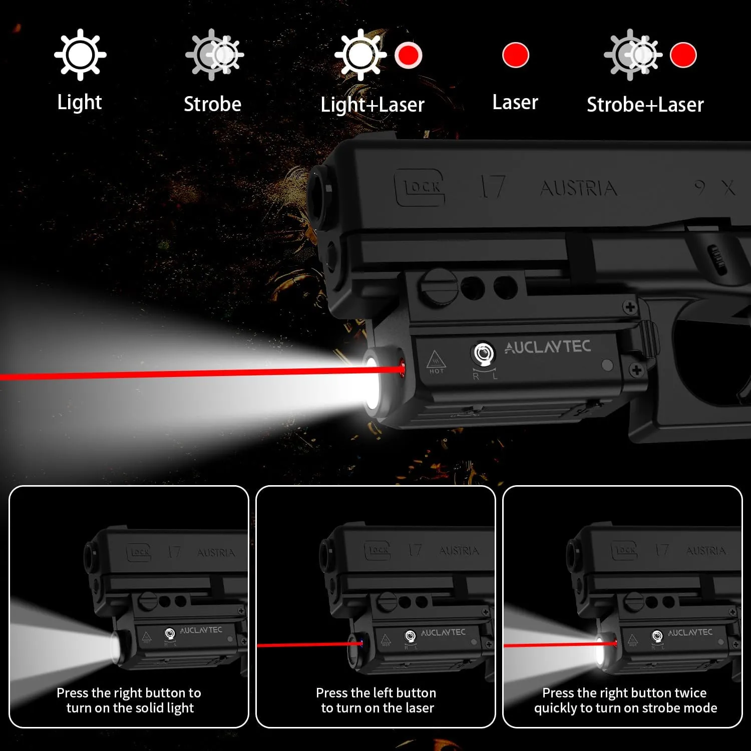 450 Lumen Pistol Flashlight Red Beam Laser Light Combo Gun Light, Compact Pistol Laser Flashlight Combo USB-C Rechargeable Tactical Flashlight for GL or Picatinny Rail