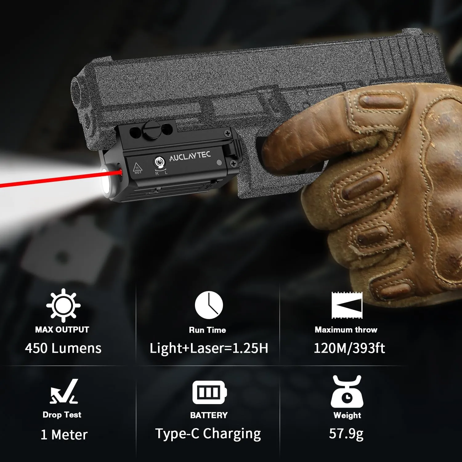 450 Lumen Pistol Flashlight Red Beam Laser Light Combo Gun Light, Compact Pistol Laser Flashlight Combo USB-C Rechargeable Tactical Flashlight for GL or Picatinny Rail