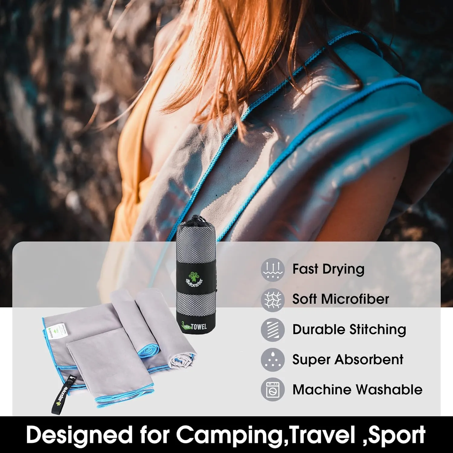 4Monster Camping Towels 3 Size at 1 Pack,Quick Dry Microfiber Towel,Beach Travel Towel Ultra Compact,Soft Gym Towel for Hiking Yoga Travel Sports Backpacking Trip and Pool