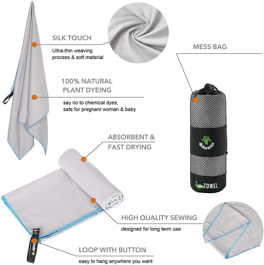 4Monster Camping Towels 3 Size at 1 Pack,Quick Dry Microfiber Towel,Beach Travel Towel Ultra Compact,Soft Gym Towel for Hiking Yoga Travel Sports Backpacking Trip and Pool