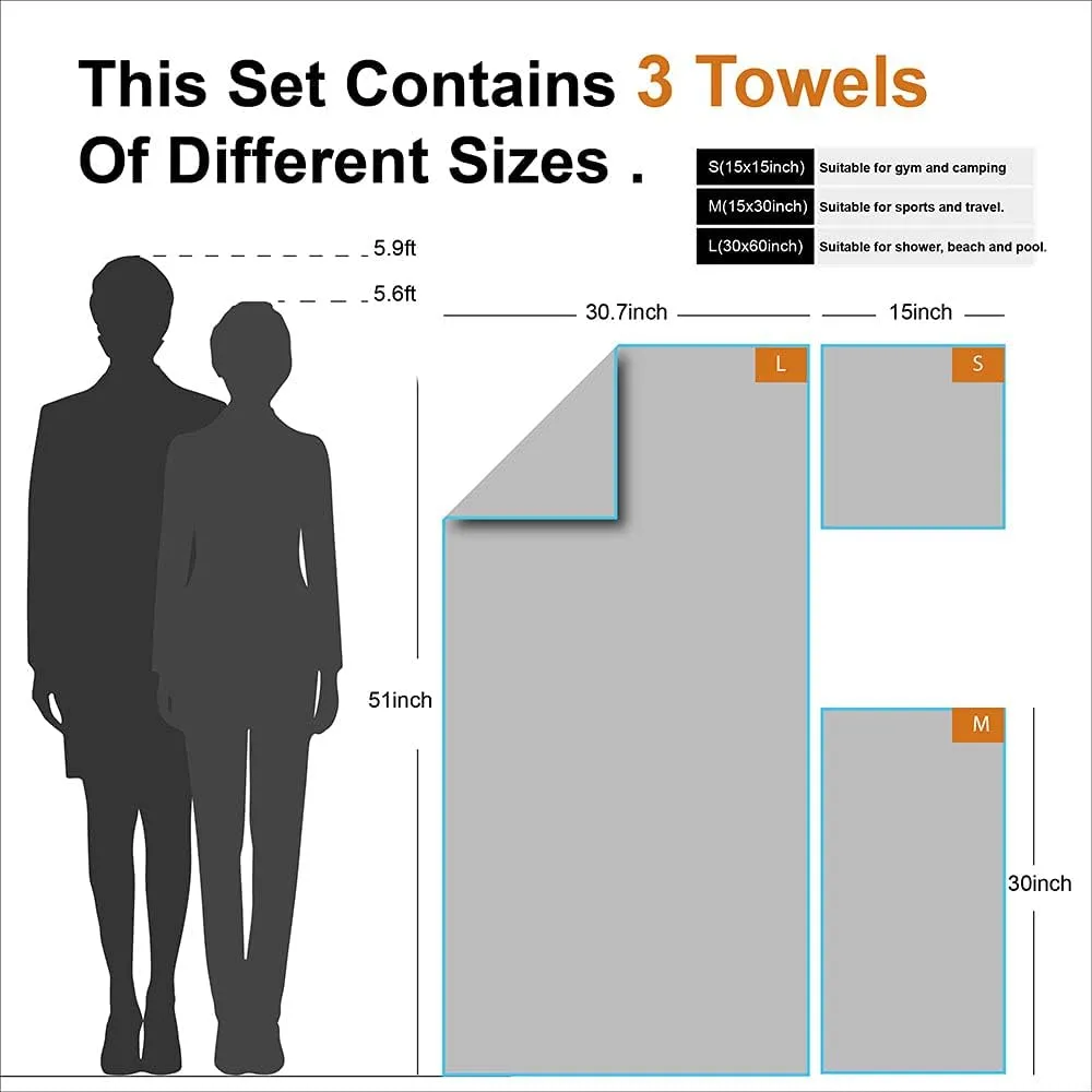 4Monster Camping Towels 3 Size at 1 Pack,Quick Dry Microfiber Towel,Beach Travel Towel Ultra Compact,Soft Gym Towel for Hiking Yoga Travel Sports Backpacking Trip and Pool