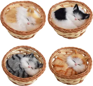 4Pcs Sleeping Cat in Basket Doll Toy, Mini Kitten in Woven Basket with Meows Sounds Cat Nap Toy for Office Desk Hand Toy Gift for Kids Boys Girls