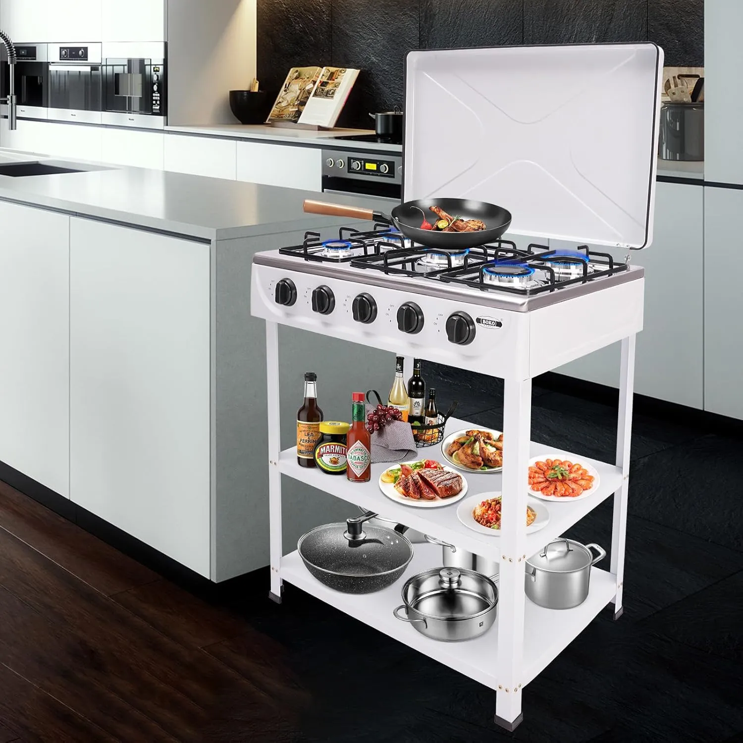 5 Burner Gas Grill, Portable Gas Stove, Stainless Steel Top with Support Leg Stand and Wind Blocking Cover Adapter, Natural Gas Stove, Camping Stove for Outdoor (White)