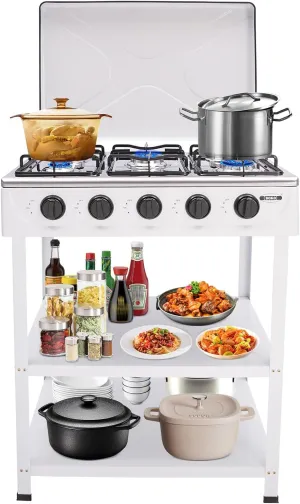 5 Burner Gas Grill, Portable Gas Stove, Stainless Steel Top with Support Leg Stand and Wind Blocking Cover Adapter, Natural Gas Stove, Camping Stove for Outdoor (White)