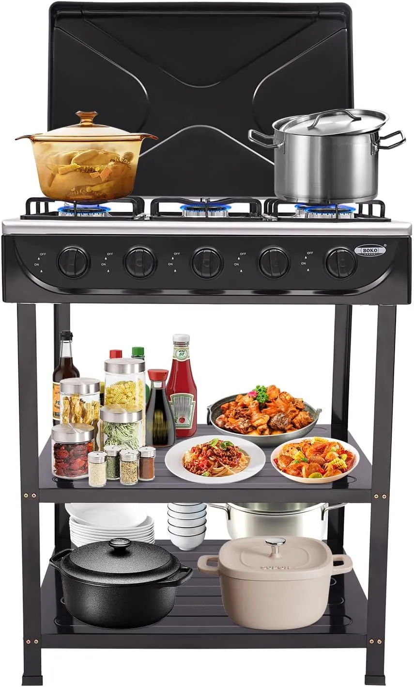 5 Burner Propane Stove Stand, 2.5KW Grill Dual Natural Gas Cooker Outdoor Camping BBQ Stove, 2 Tier Storage Rack Portable Stainless Steel for Backyard Cooking Home Brewing & Canning