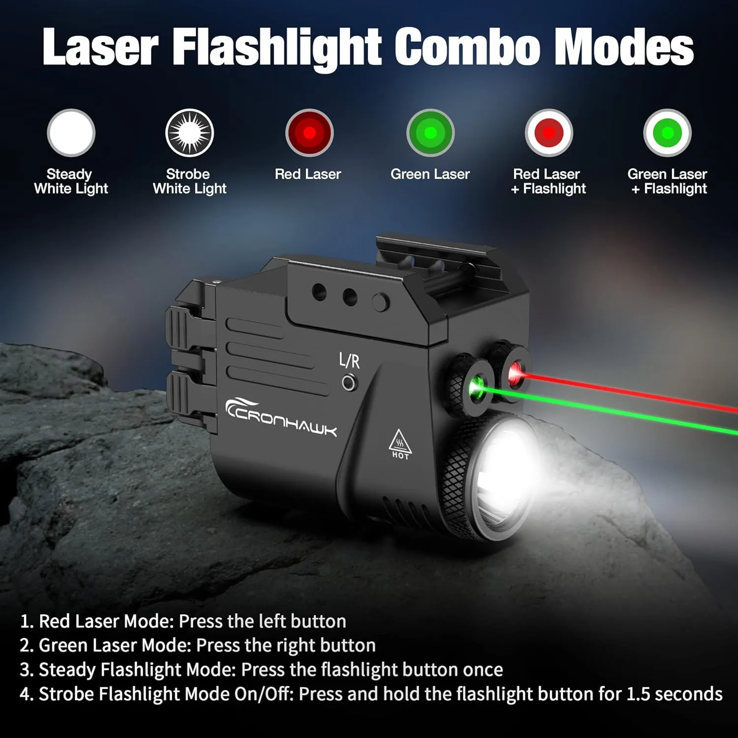 500 Lumens Red and Green Laser Light Combo, Rail Mounted Pistol Flashlight with Double Lasers Beam, Magnetic Charging Handgun Flashlight, Laser Class II