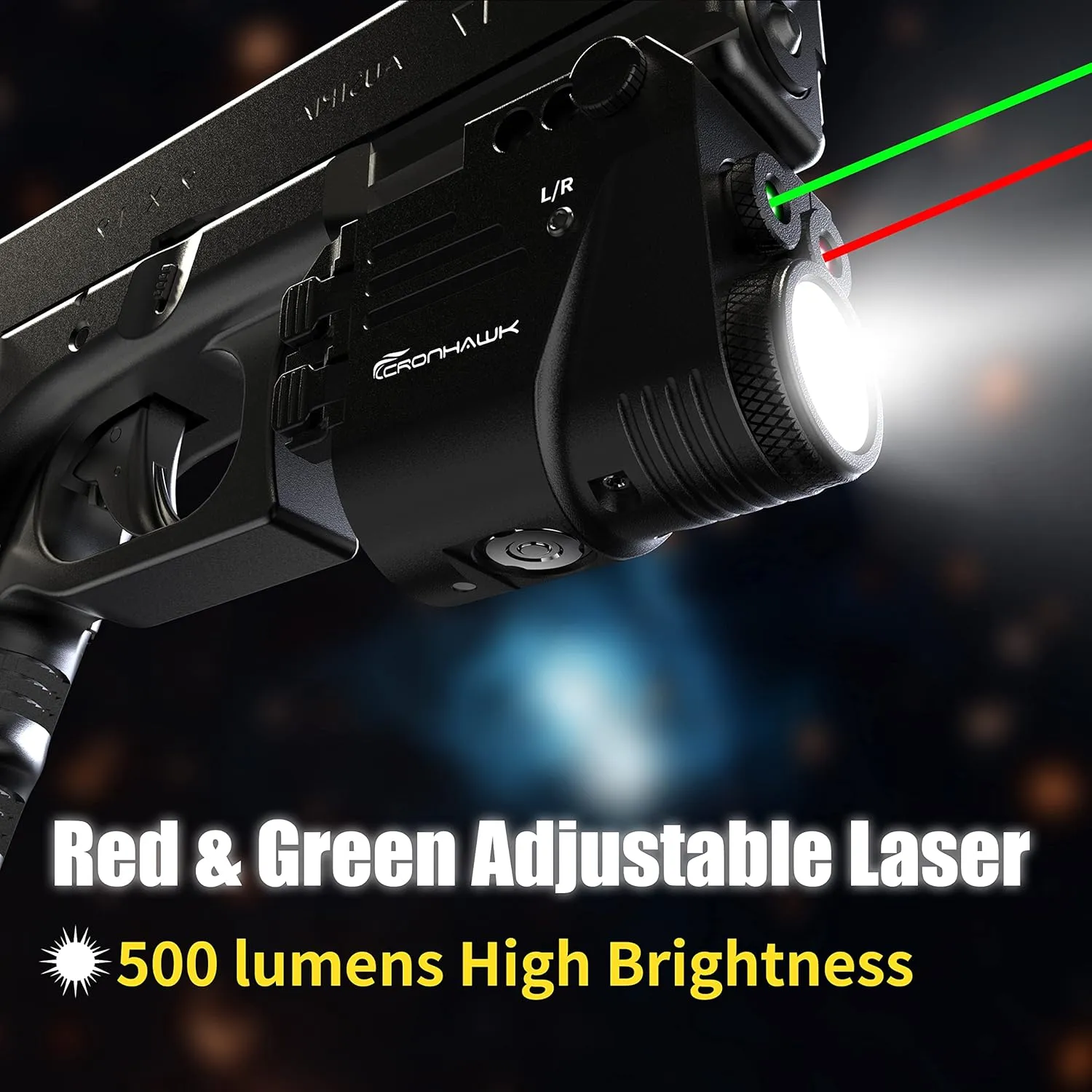 500 Lumens Red and Green Laser Light Combo, Rail Mounted Pistol Flashlight with Double Lasers Beam, Magnetic Charging Handgun Flashlight, Laser Class II