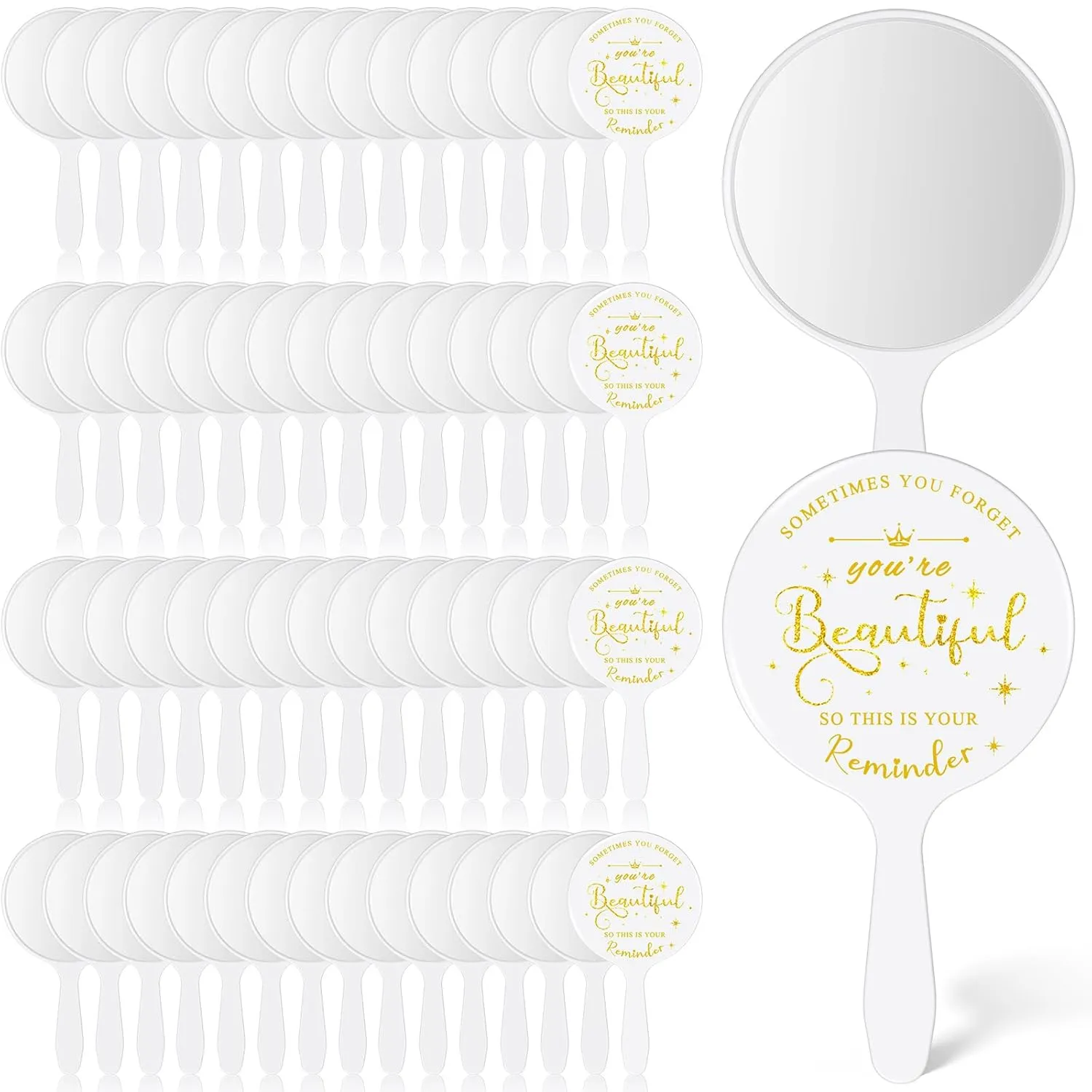 60 Pcs Small Handheld Mirror Bulk Inspirational Compact Portable Travel Makeup Mini Round Mirror with Handle Employee Appreciation Gifts for Women Coworker Friend(White)