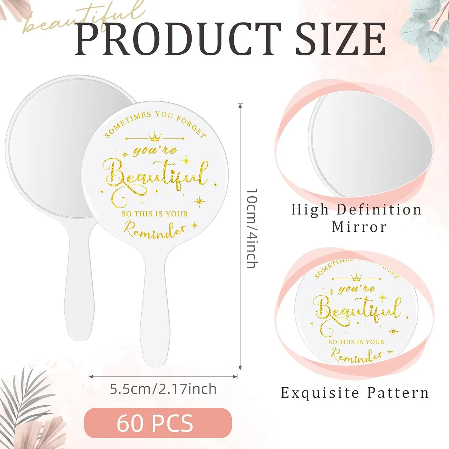 60 Pcs Small Handheld Mirror Bulk Inspirational Compact Portable Travel Makeup Mini Round Mirror with Handle Employee Appreciation Gifts for Women Coworker Friend(White)