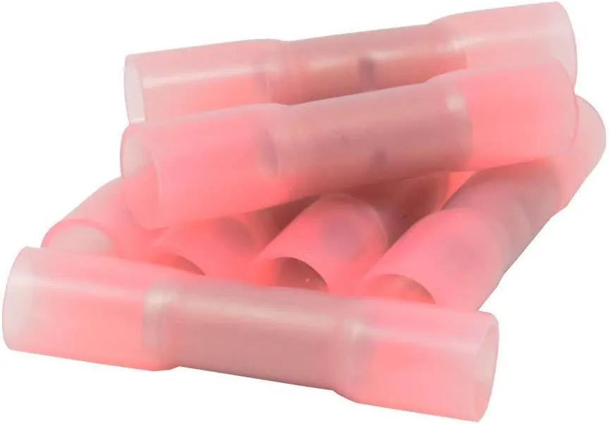 8 Gauge Red Heat Shrinkable Butt Connectors - 25 Per Pack Waterproof Electrical Terminals Insulated AWG Automotive, Marine, Audio, and Industrial Grade Splice