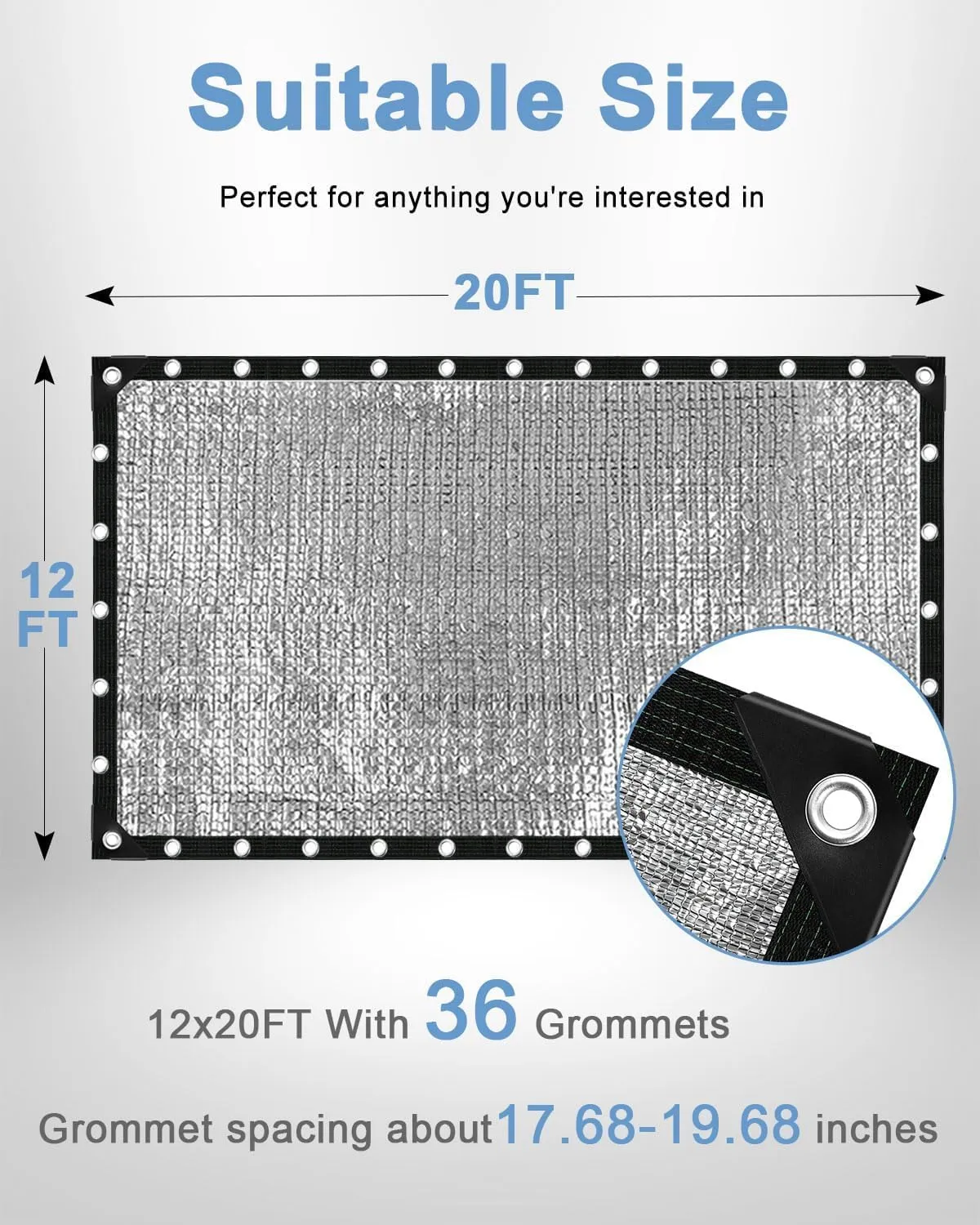 95% Aluminet Shade Cloth - Reflective Aluminium Shade Netting Sun Shade Cover with Grommets for Cars, Dogs, Outdoor, RV, Patio (12x20FT)
