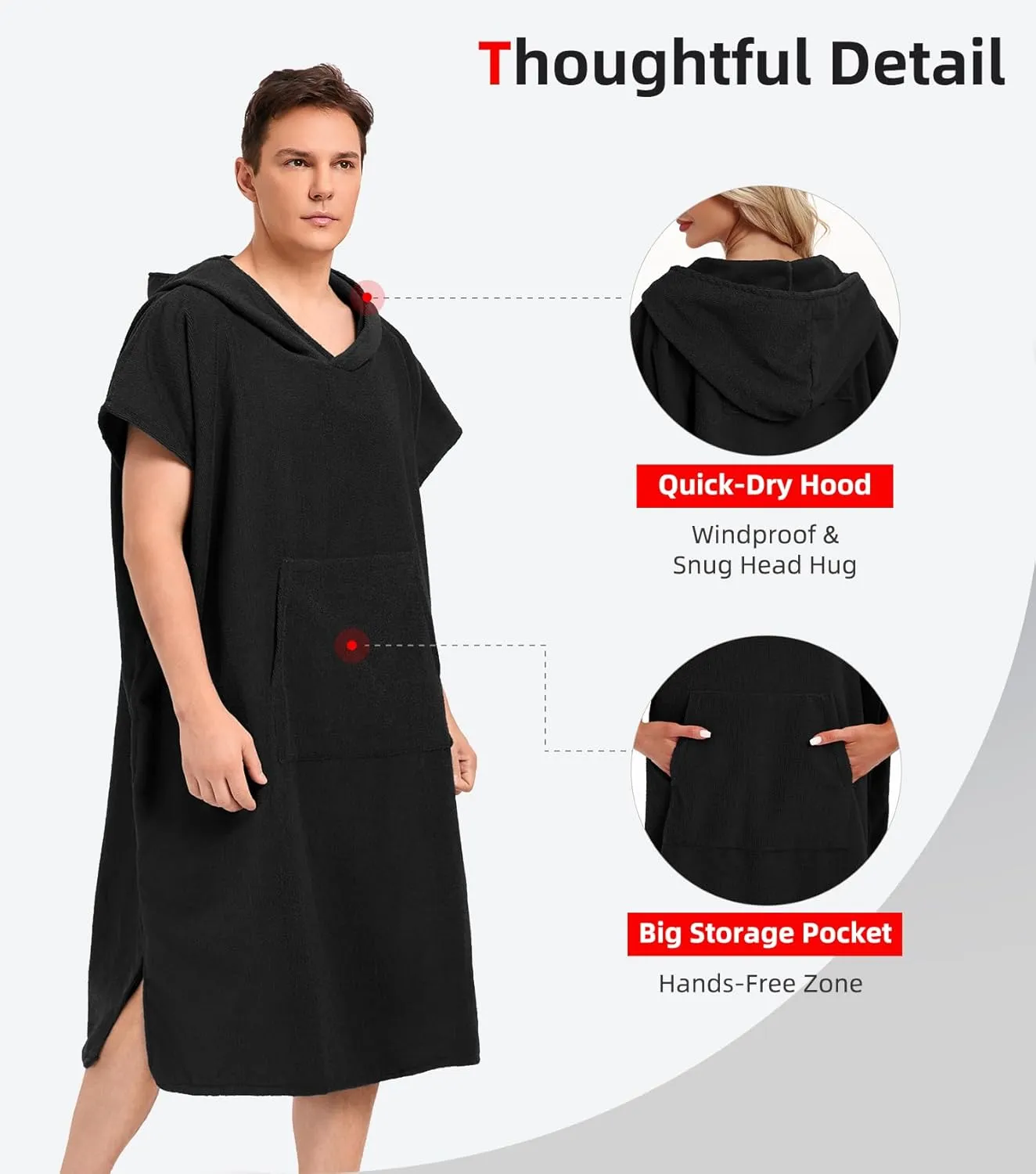 Abahub Surf Poncho Men & Women Towel Poncho Adult with Hood, Thick Quick Dry Changing Poncho Towel, Microfiber Wearable Cover Up for Surfing Beach Swim - Absorbent Changing Towel M (Black)