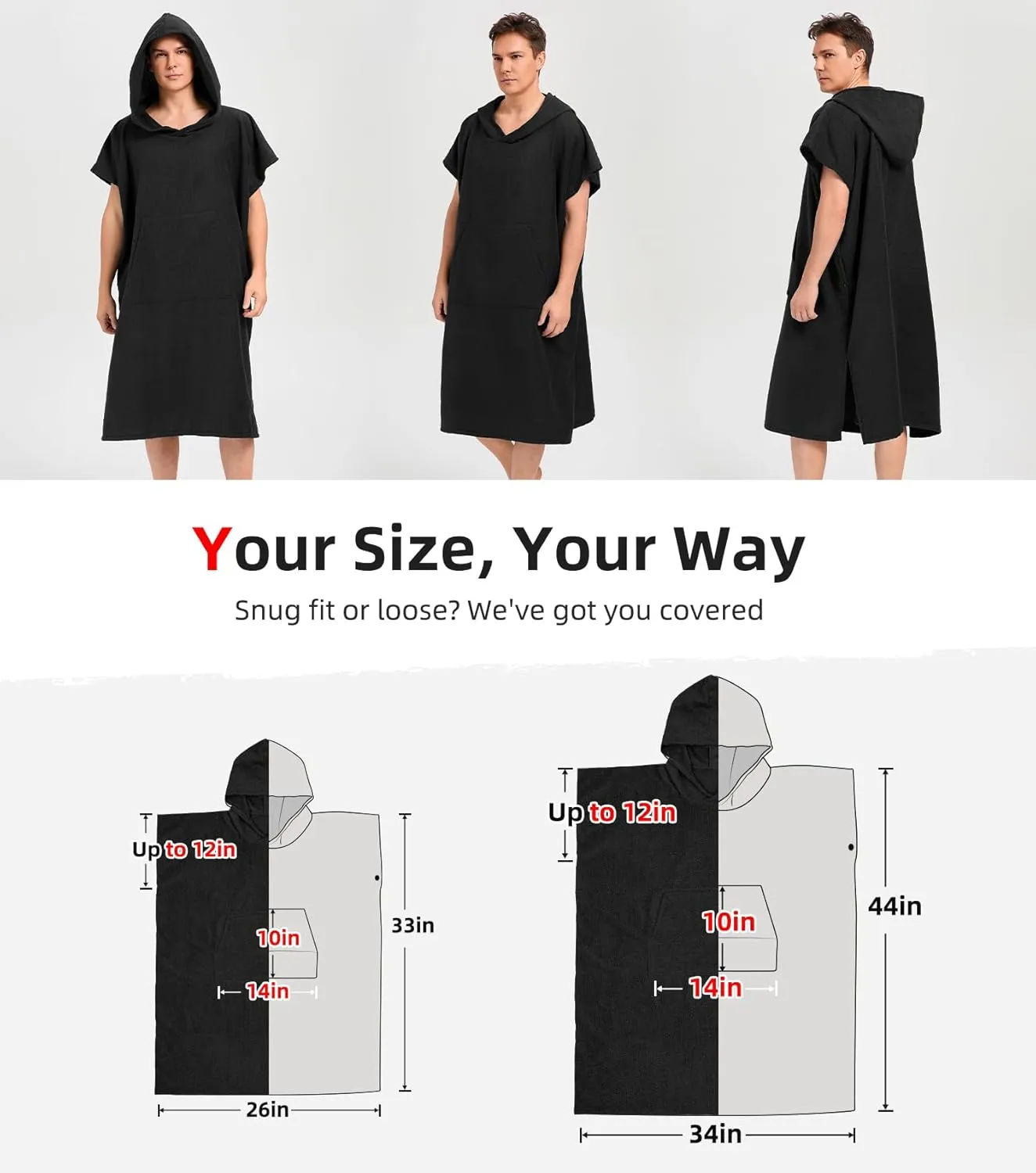 Abahub Surf Poncho Men & Women Towel Poncho Adult with Hood, Thick Quick Dry Changing Poncho Towel, Microfiber Wearable Cover Up for Surfing Beach Swim - Absorbent Changing Towel M (Black)