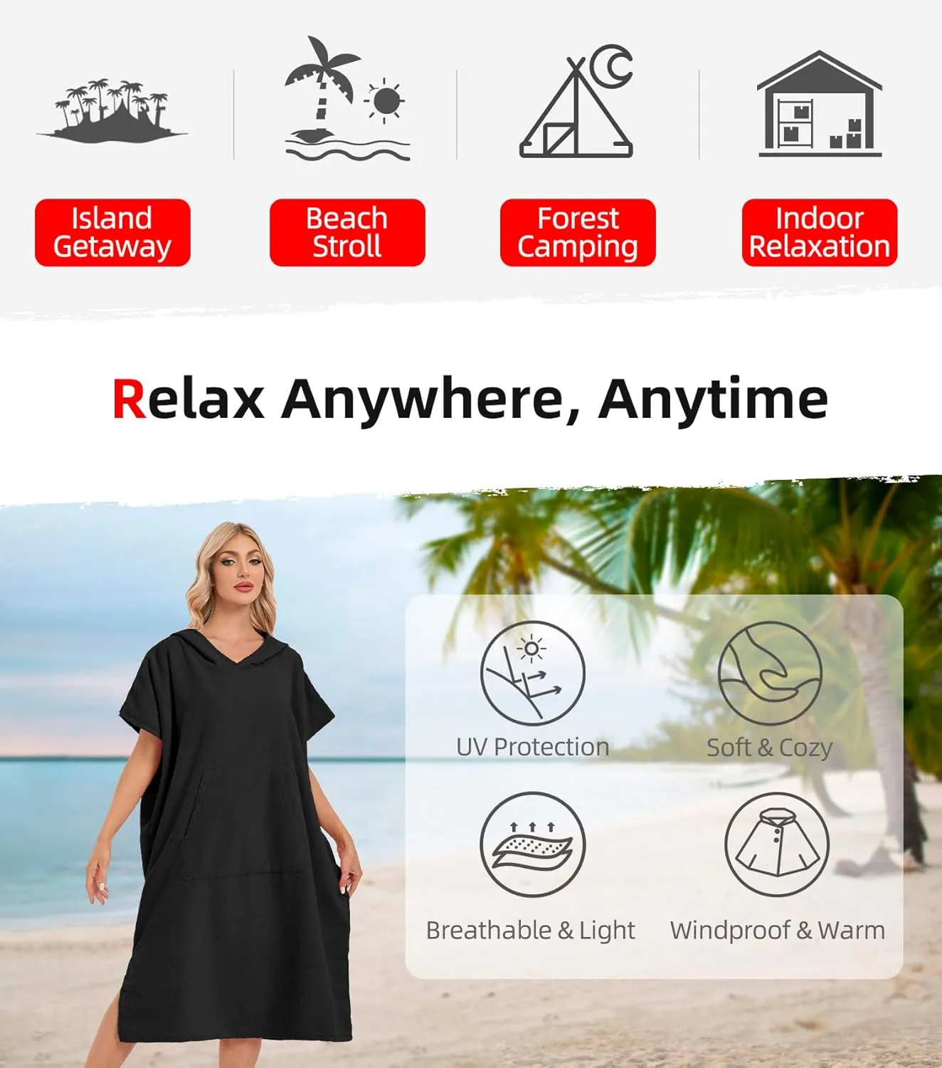Abahub Surf Poncho Men & Women Towel Poncho Adult with Hood, Thick Quick Dry Changing Poncho Towel, Microfiber Wearable Cover Up for Surfing Beach Swim - Absorbent Changing Towel M (Black)