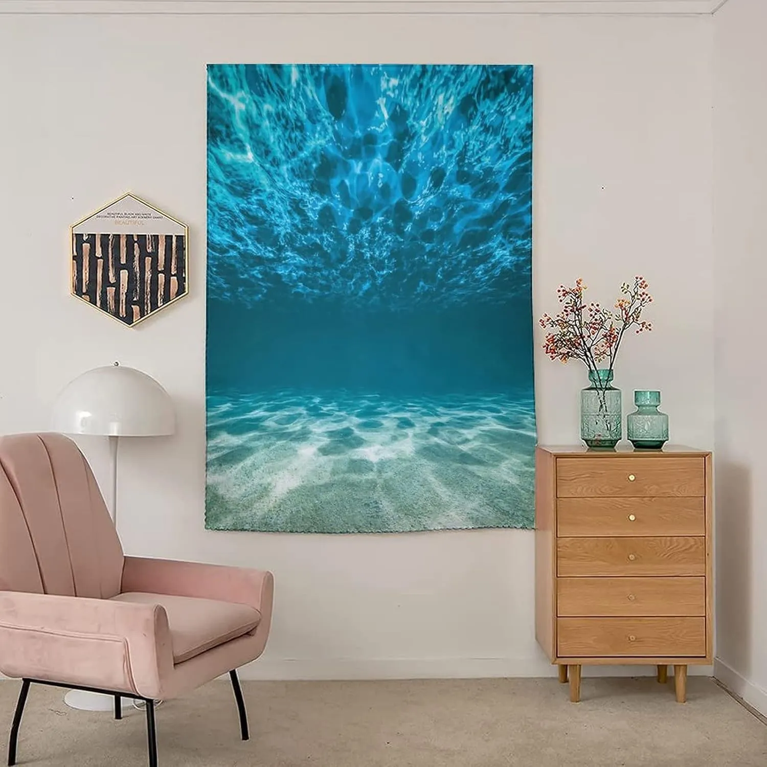 Adjustable Blackout Shades, Ocean Portable Blackout Curtain, Gravelly Bottom Wavy Surface Tropical Seascape Print Living Room Bedroom Window Drapes,24W x40L Inches, for Kitchen Bathroom Living Room