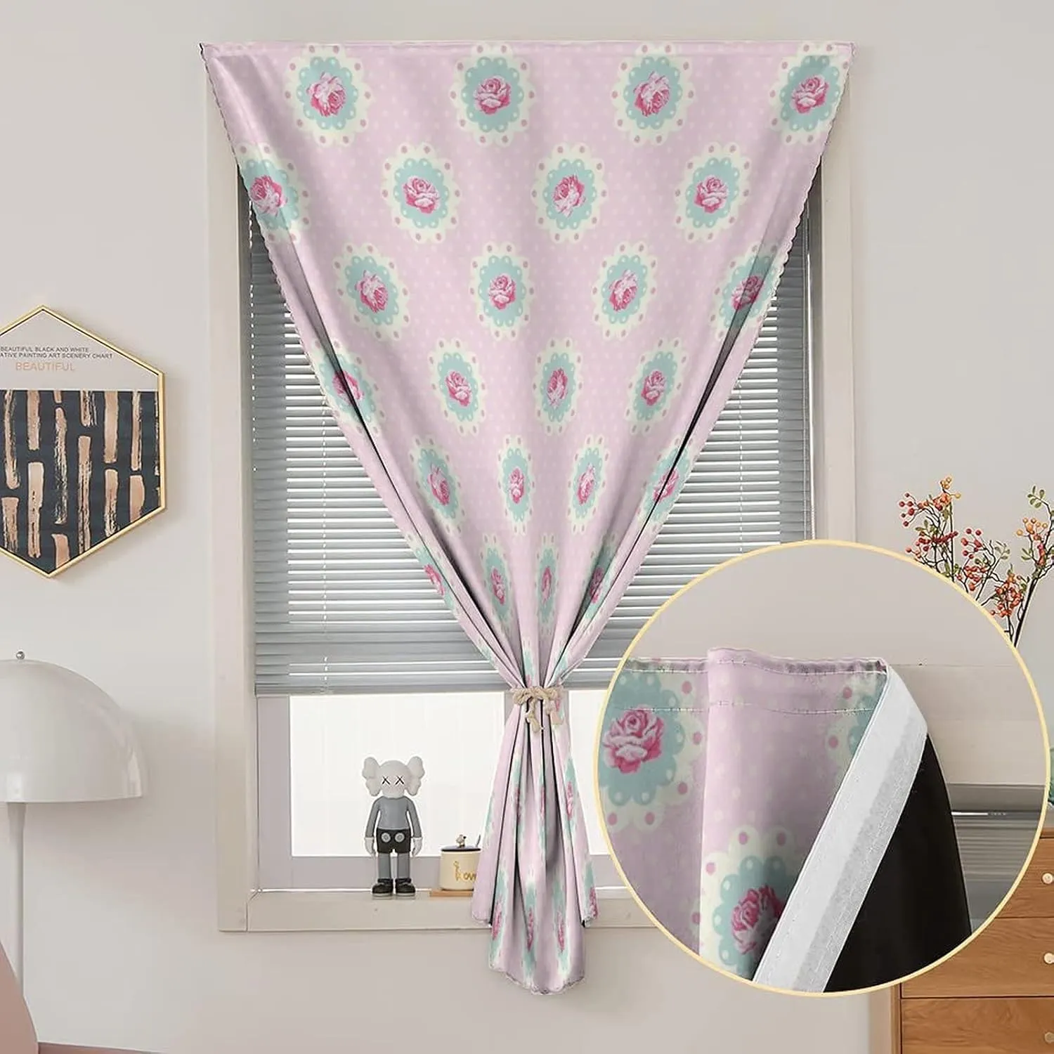 Adjustable Blackout Shades, Shabby Chic Portable Blackout Curtain, Retro Polka Dotted Backdrop Floral Motifs Rose Print Living Room Bedroom Window Drapes,24W x40L Inches, for Children Kids Bedroom