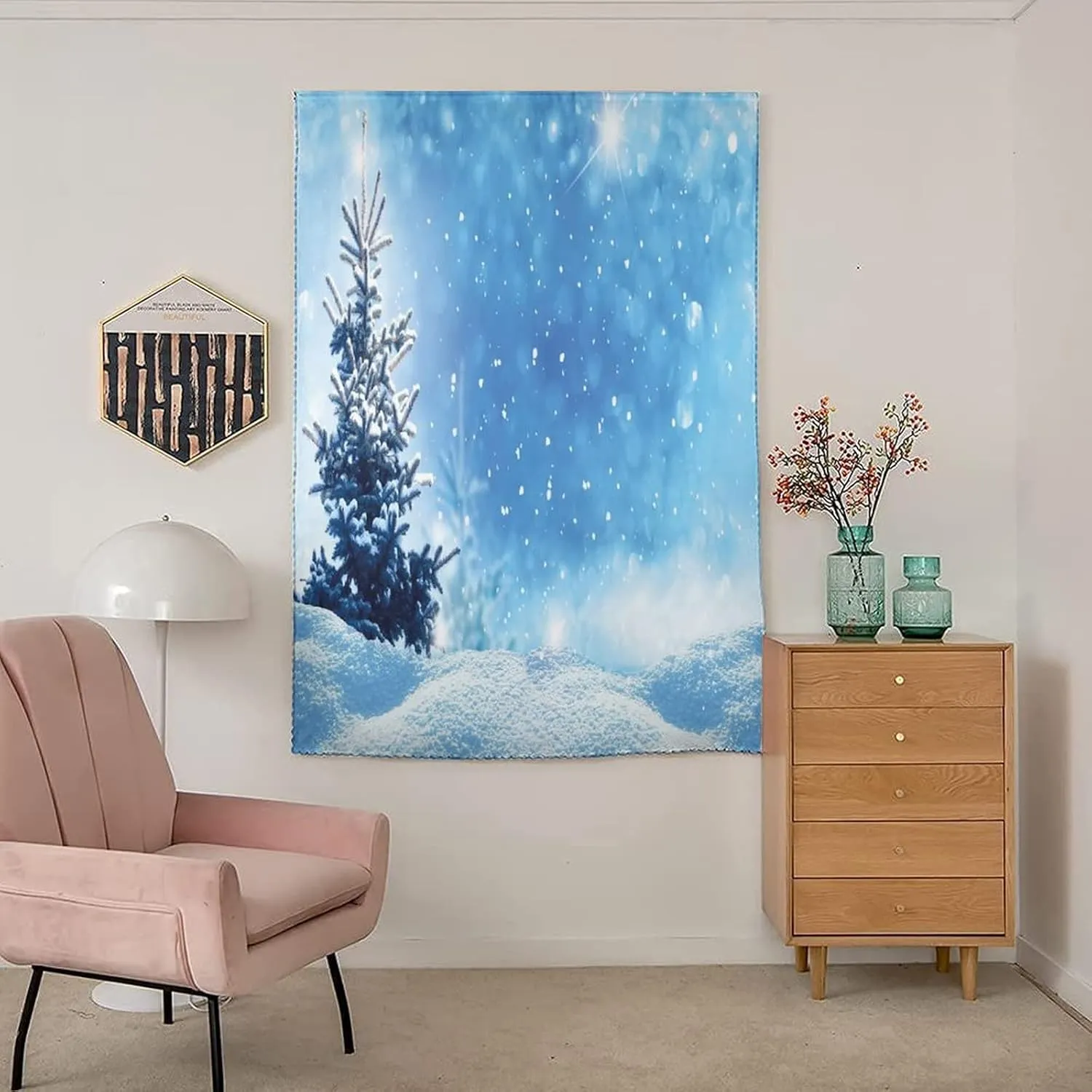 Adjustable Blackout Shades, Winter Portable Blackout Curtain, Snowy Season of Year Pine Tree Snowflakes Falling Down Print Living Room Bedroom Window Drapes,47W x54L Inches, for Bathroom Bedroom