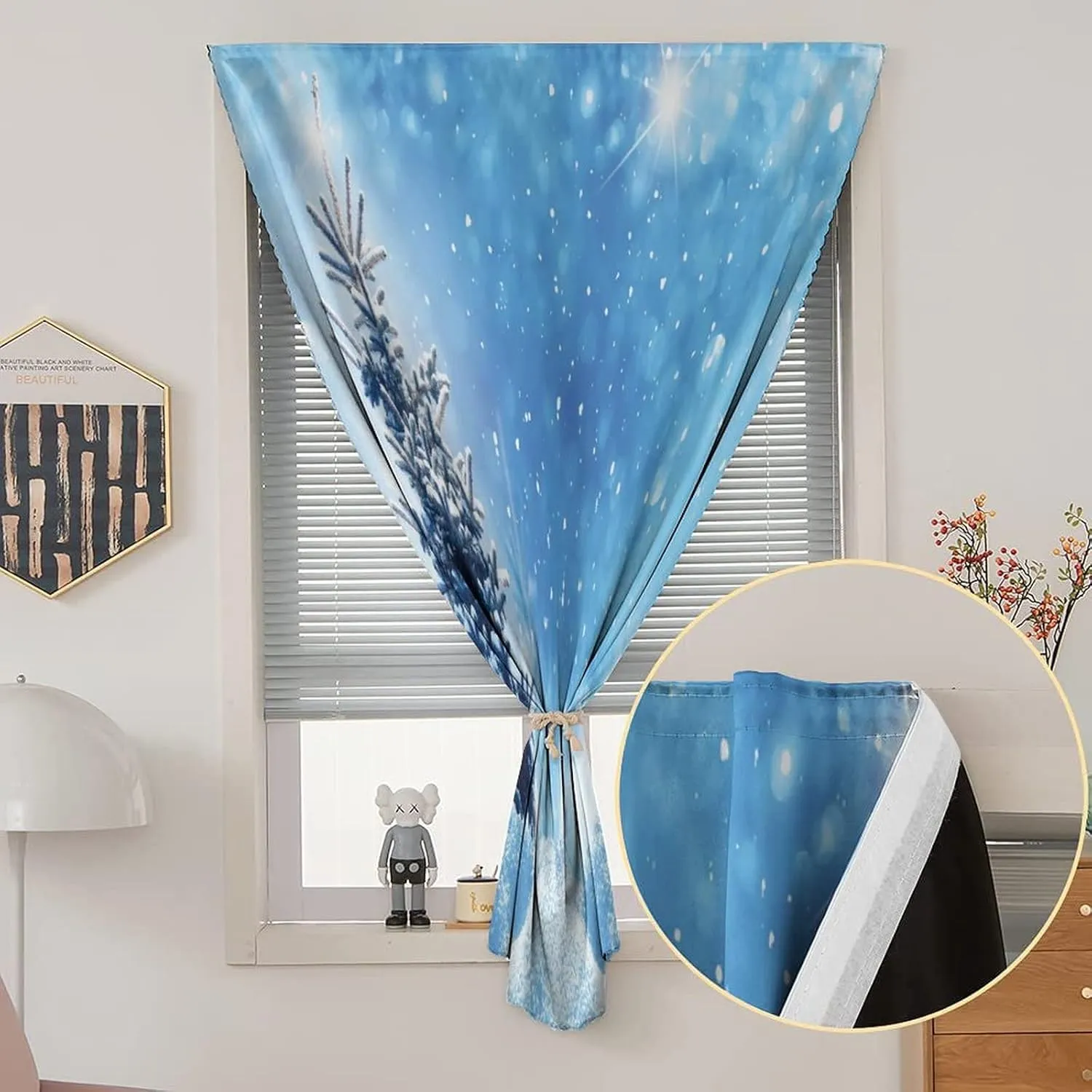 Adjustable Blackout Shades, Winter Portable Blackout Curtain, Snowy Season of Year Pine Tree Snowflakes Falling Down Print Living Room Bedroom Window Drapes,47W x54L Inches, for Bathroom Bedroom