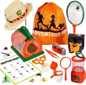 Adventure Kidz Outdoor Bug Exploration Kit, Binoculars, Magnifying Glass, Bug Container, Viewers, Critter Cage, Net, Backpack, Hat