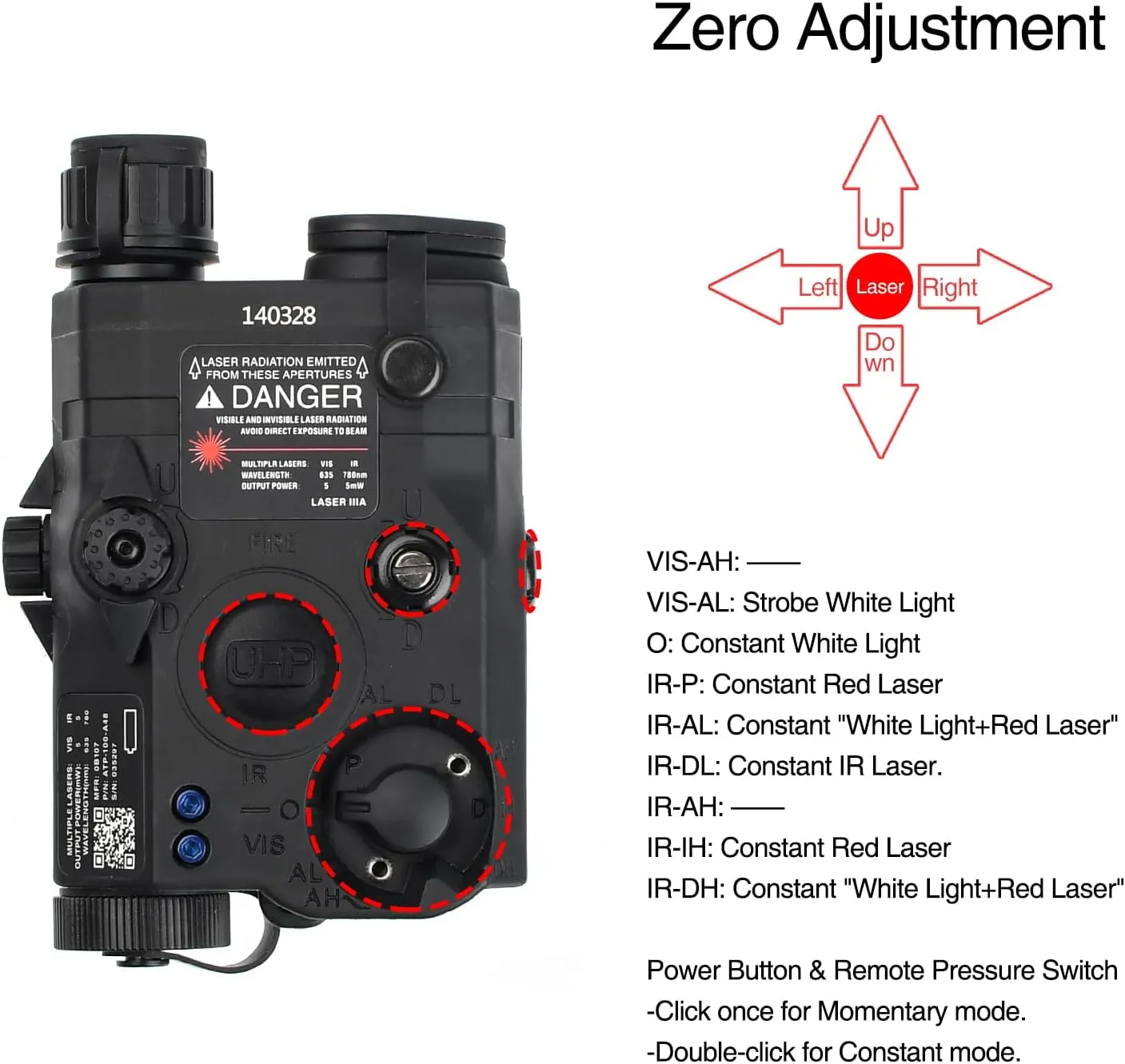 Airsoft PEQ15 Aiming Red/Green/Blue Laser, PEQ 15 Box with IR Laser Red/Green/Blue Laser Strobe/Constant White LED Flashlight, Suitable for 20mm Picatinny Rail AEG GBB CQB