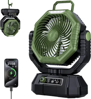 AJVV Camping Fan, 20000mAh Portable Rechargeable Battery Powered Fan with Stepless Wind Speed, Personal Desk USB with Light for Outdoor, Home, Tent, Fishing, Camping